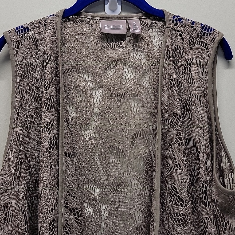 CHICO'S TAUPE CROCHET CUT-OUT ASYMMETRICAL LIGHTWEIGHT VEST - Picture 2 of 13